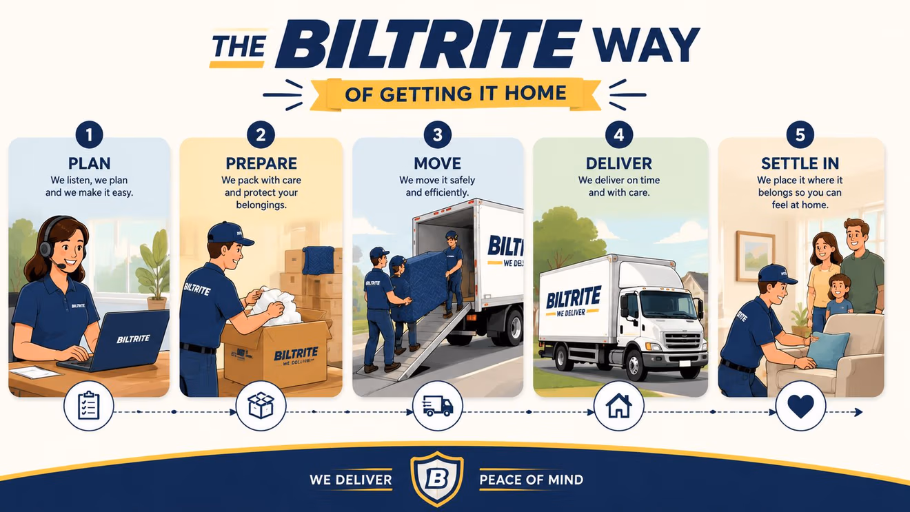 An infographic showing the five-step Biltrite moving process from initial planning to settling into a new home.