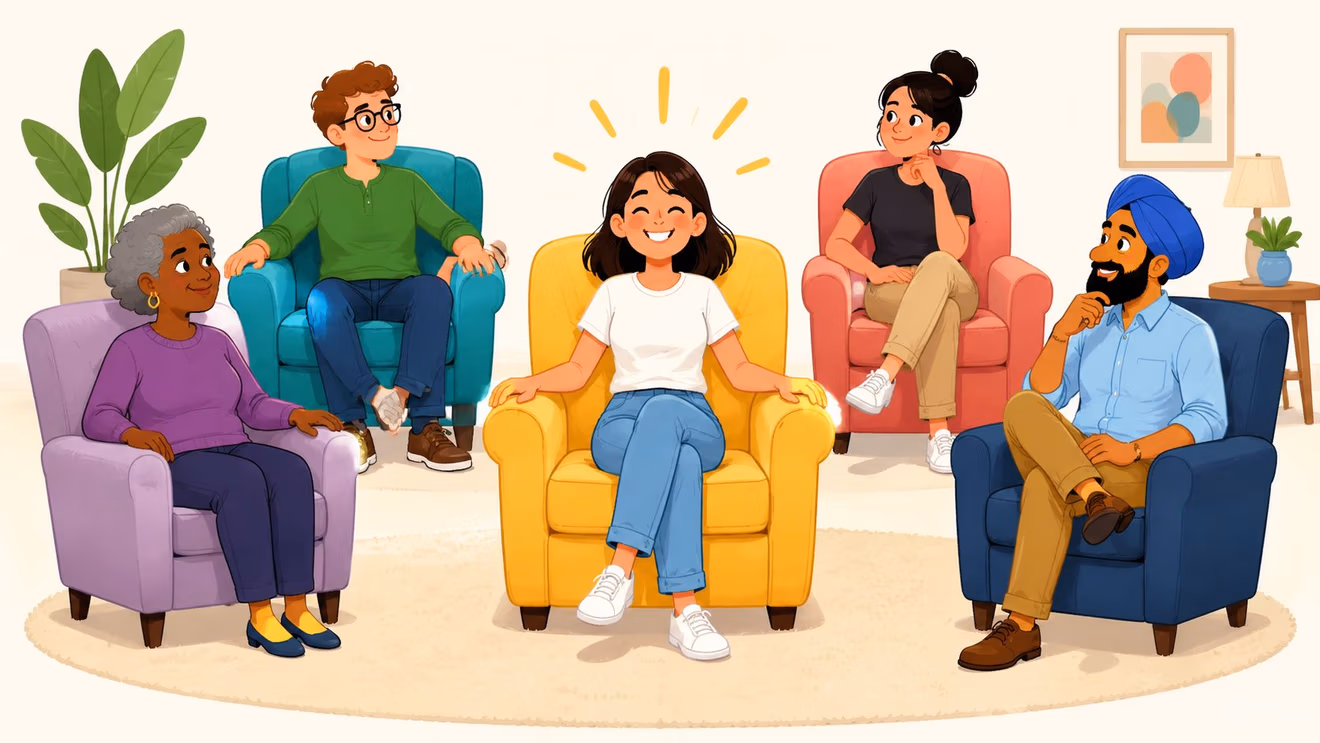 A diverse group of people sitting in colorful small scale upholstered chairs arranged in a circle.
