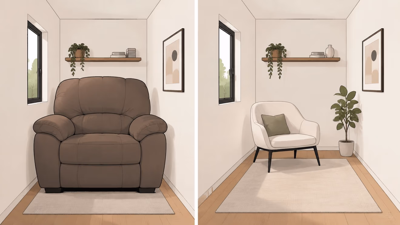A split image comparing a large brown recliner and a sleek modern white armchair in a room.