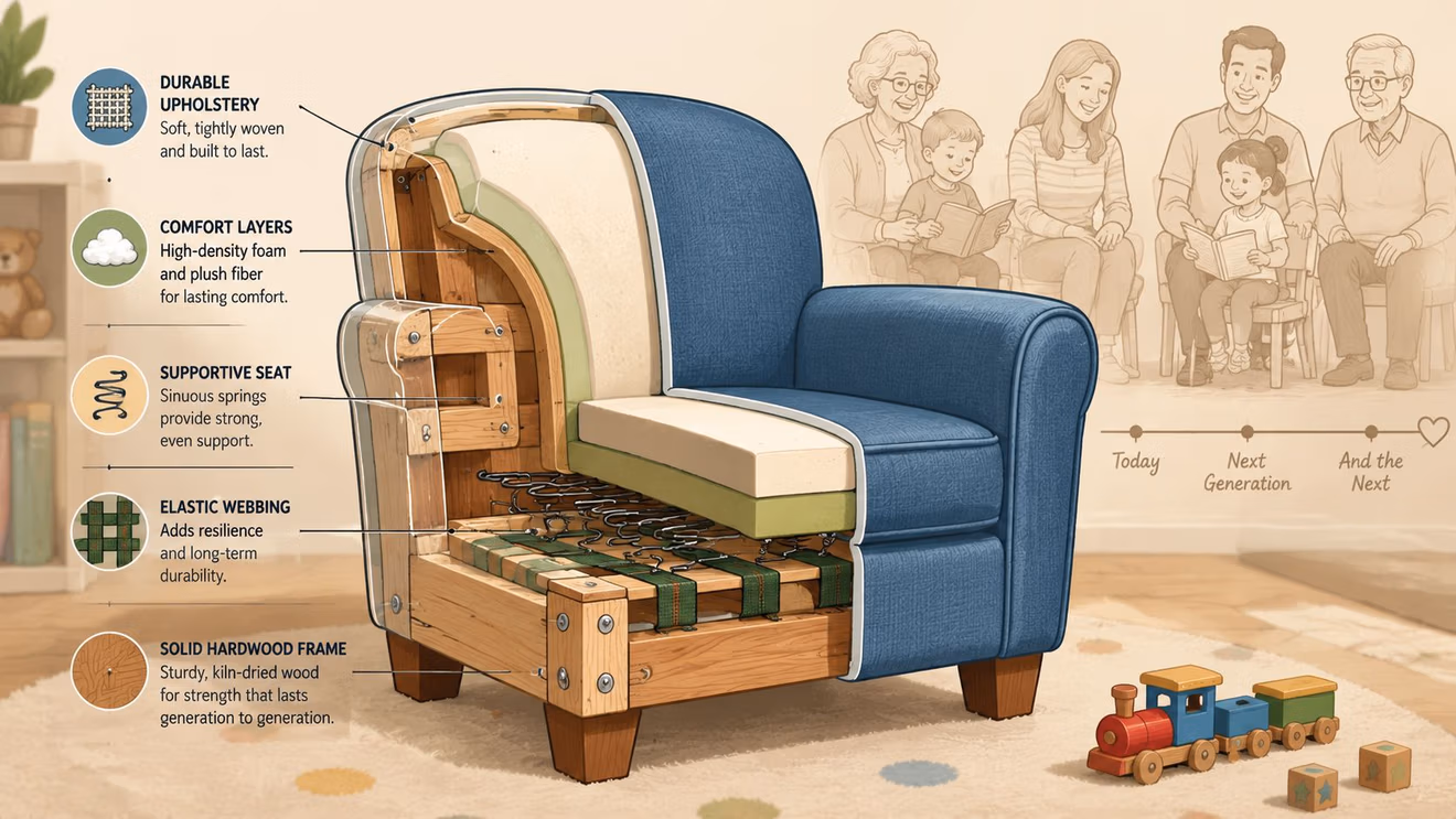 A cutaway illustration of a blue upholstered chair showing its internal layers including the frame, springs, and foam.