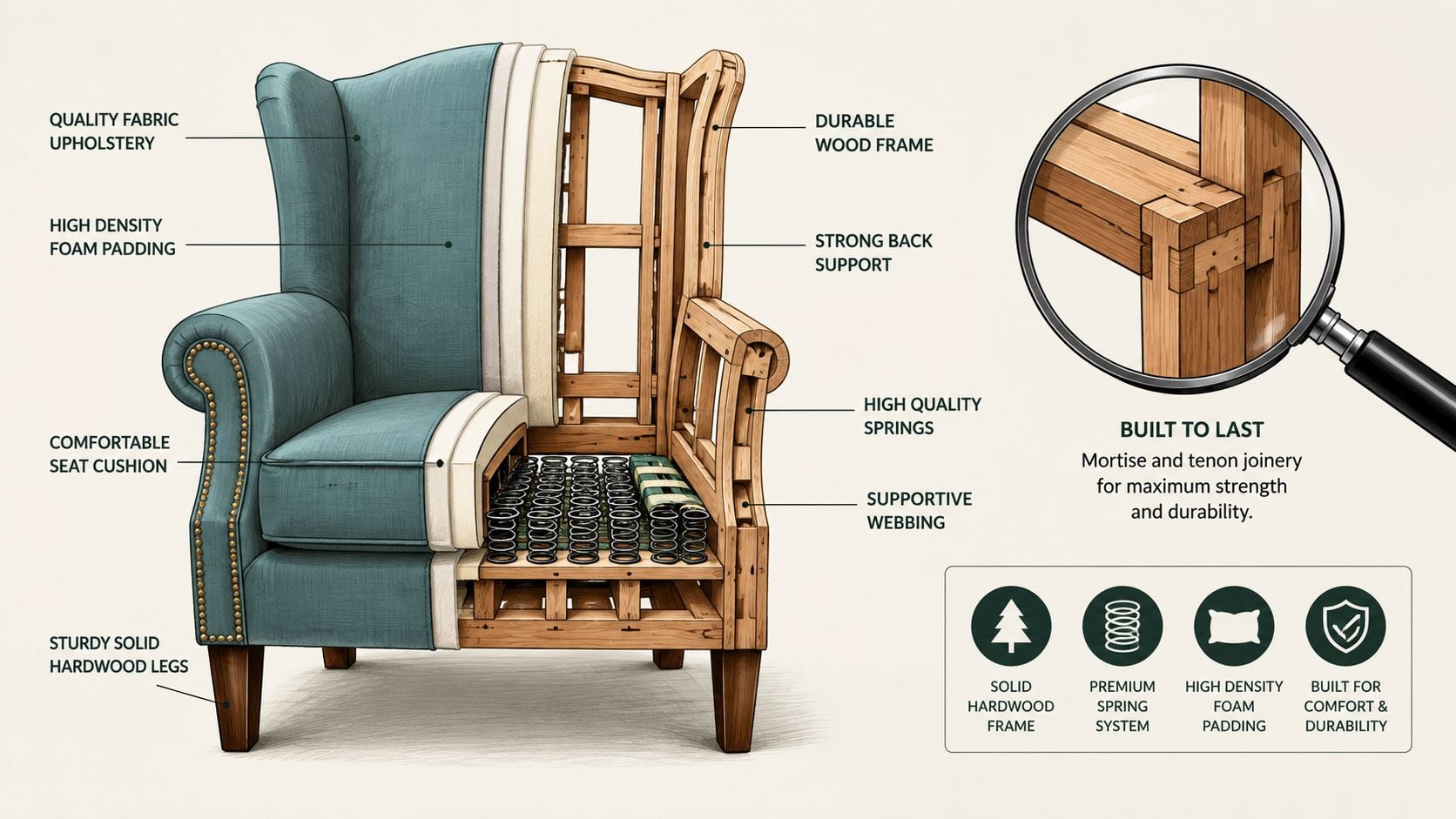 A cutaway view of a wingback chair illustrating its internal frame, springs, foam padding, and upholstery construction.