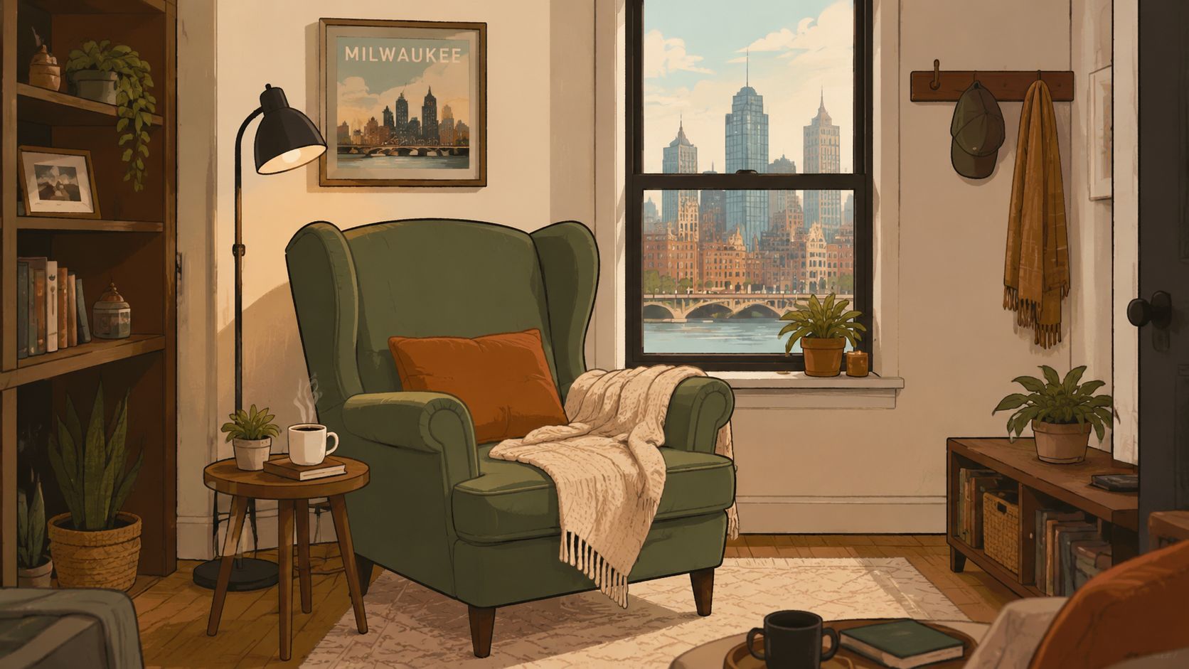 A cozy reading nook featuring a green wingback chair, warm lighting, and a scenic city window view.