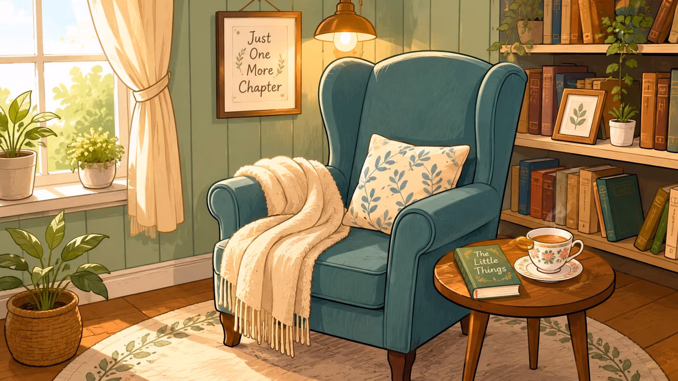 A cozy teal wingback chair with a throw blanket in a sunlit room with books and plants.