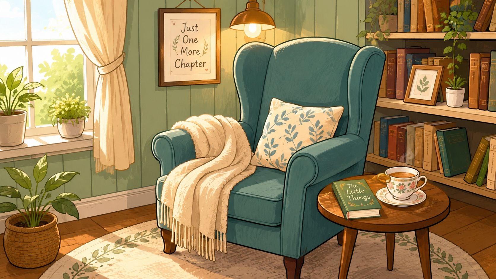 A cozy teal wingback chair with a throw blanket in a sunlit room with books and plants.