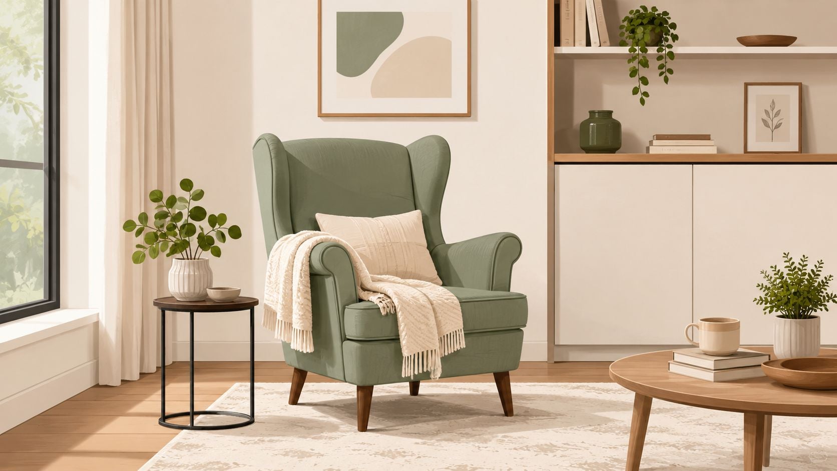 A sage green wingback armchair with a cozy throw blanket and cushion in a bright living room.