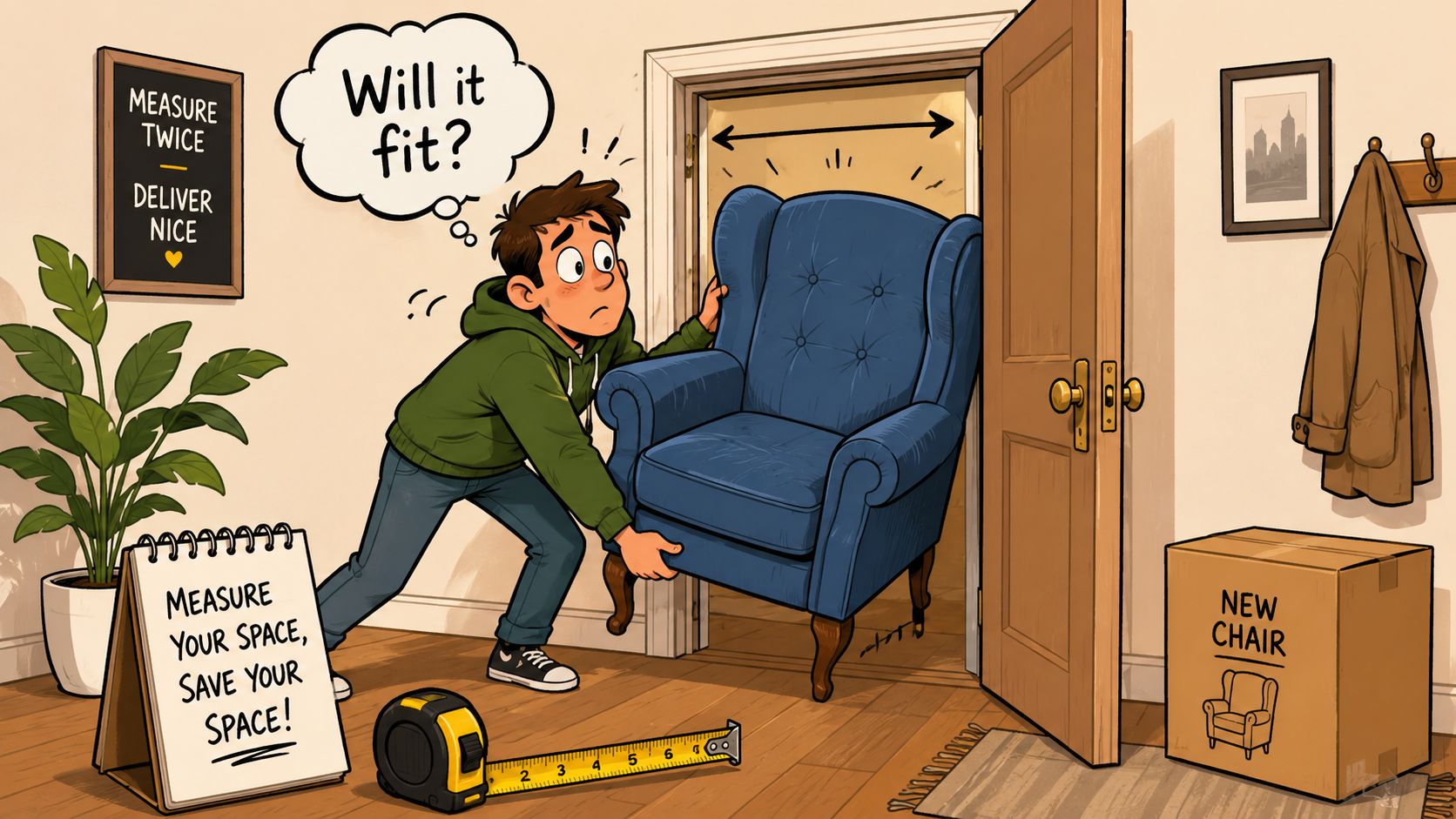 A man looking worried while trying to move a blue wingback chair through a narrow doorway.