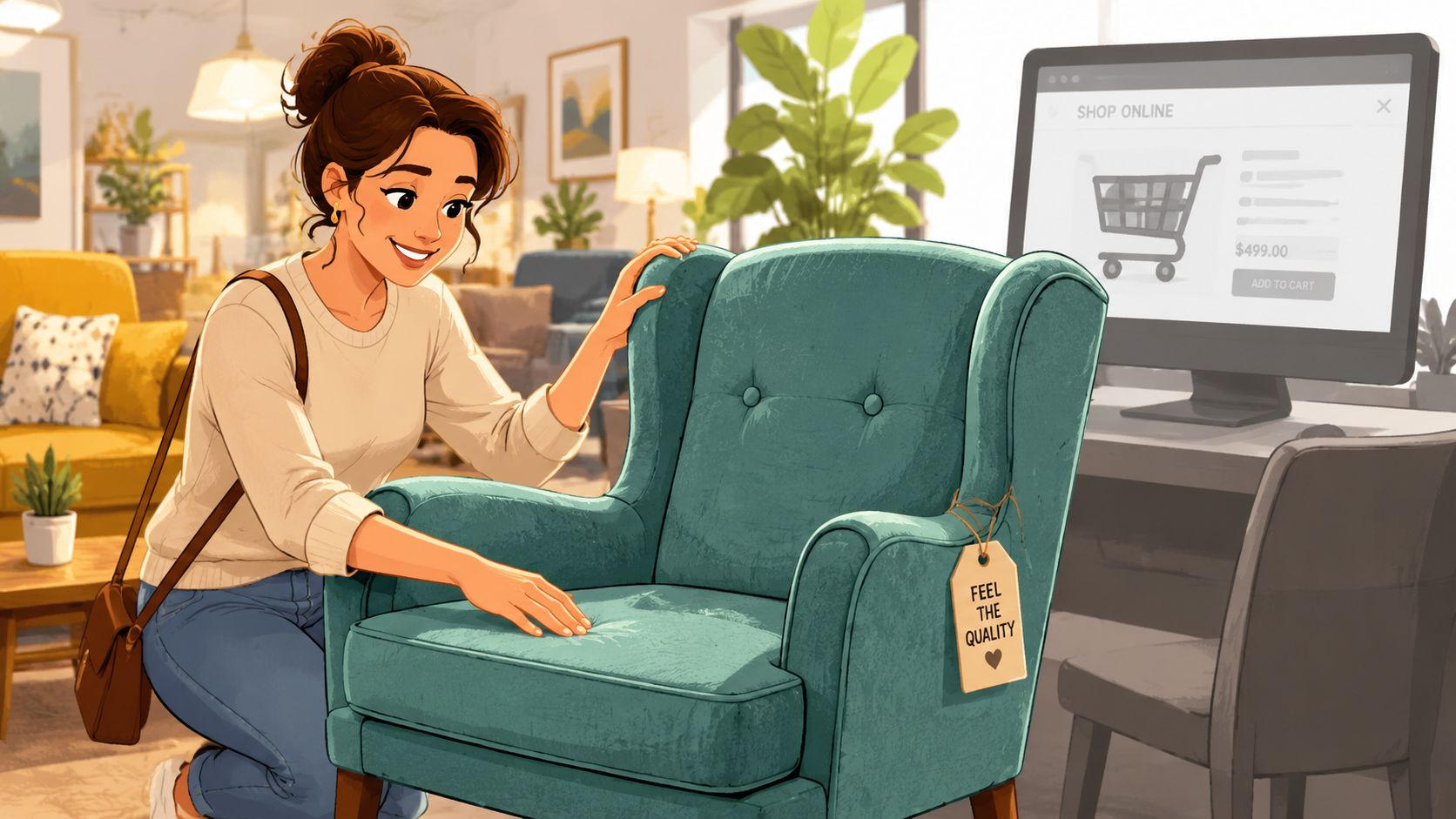 A woman inspecting a teal wingback chair in a furniture store next to a computer screen.