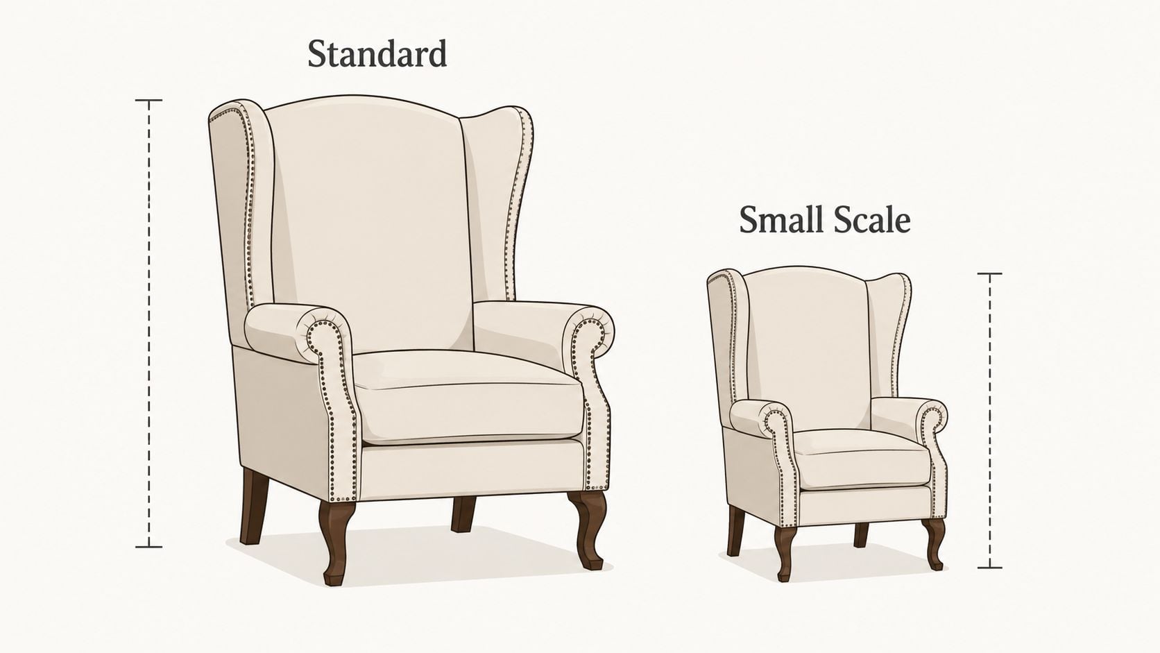 A graphic illustration comparing a large standard wingback chair with a smaller scale wingback chair.