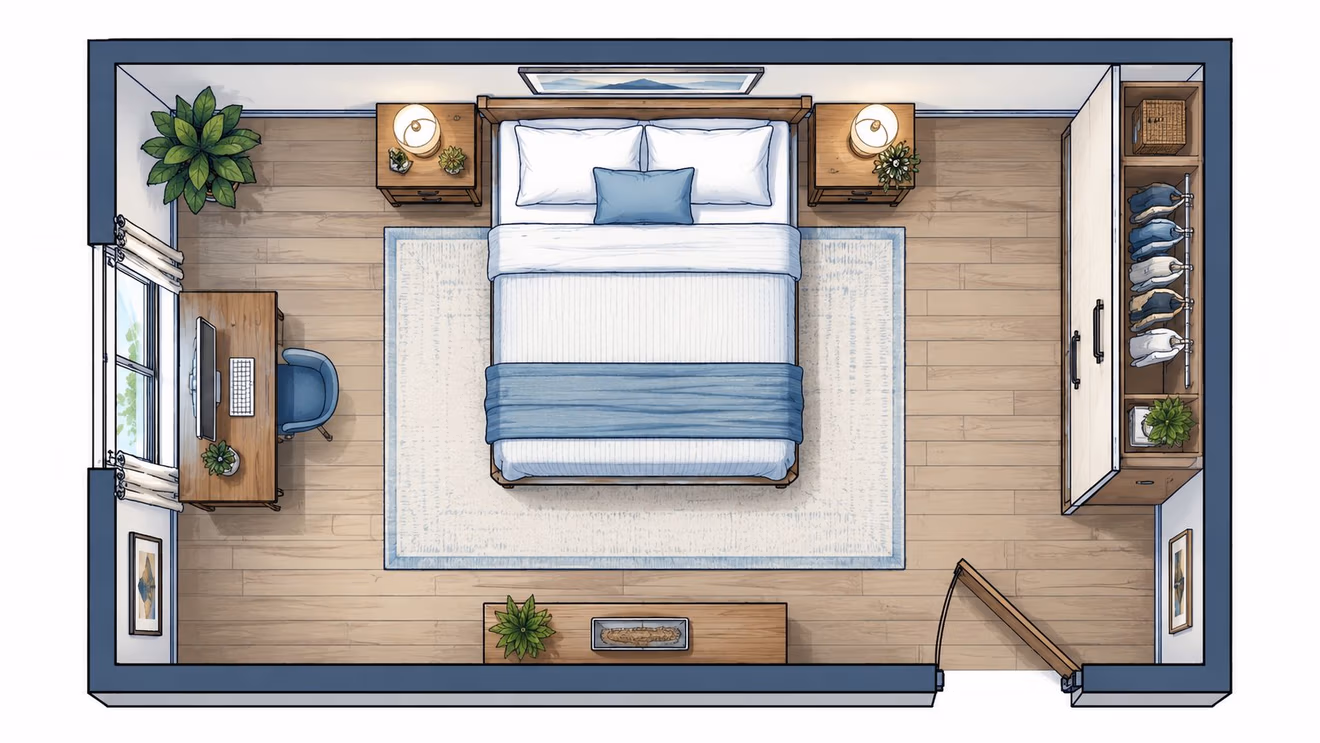 A top-down view of a modern small bedroom featuring a bed, desk, wardrobe, and minimalist decor.