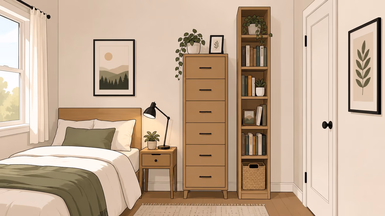 A cozy, minimalist bedroom featuring a small bed, tall wooden dresser, and bookshelf with plants.
