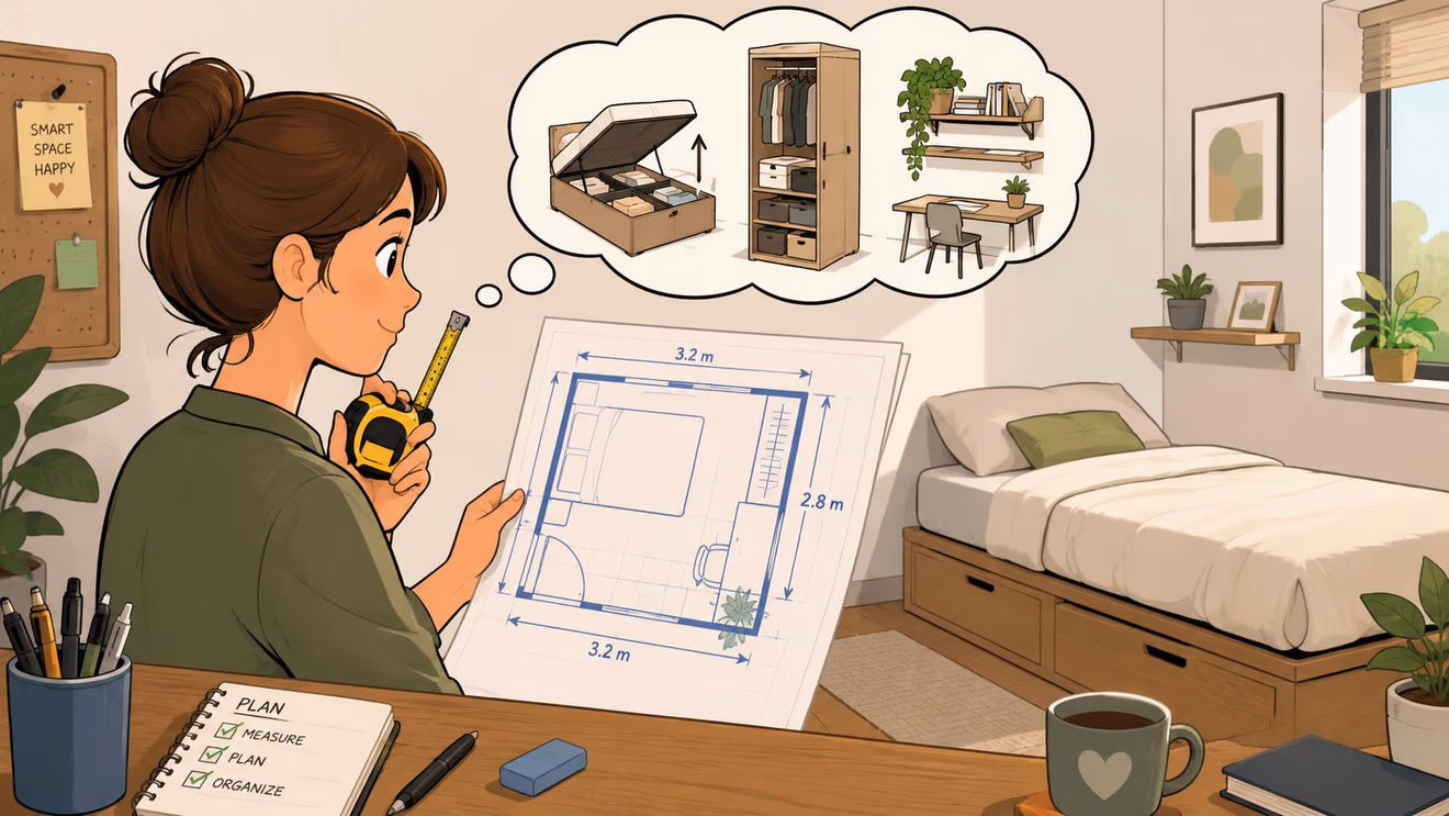 A woman planning a small bedroom layout using a tape measure and a floor plan sketch.