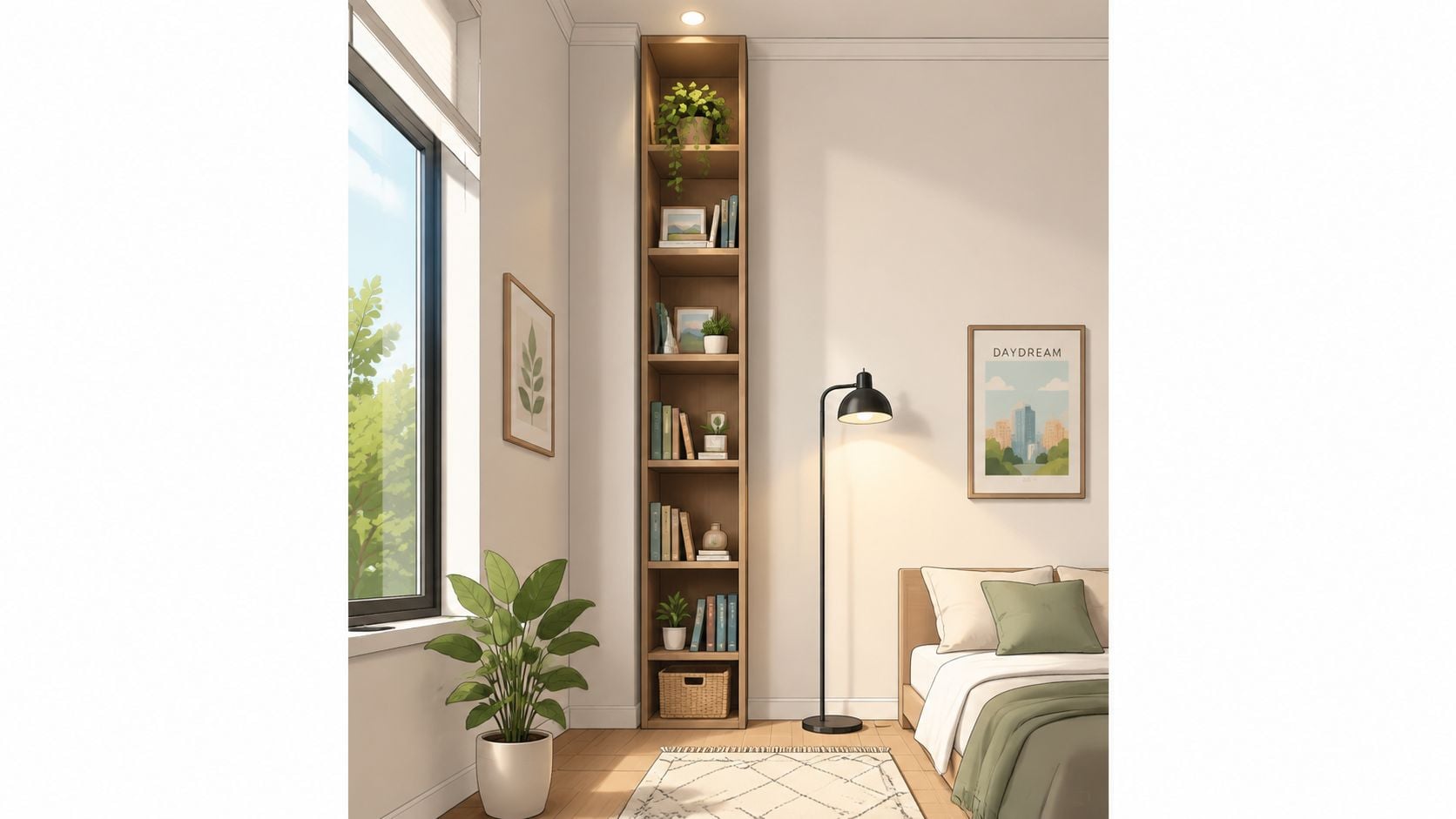 A cozy, minimalist bedroom featuring a tall wooden bookshelf, a floor lamp, and a plant near a window.