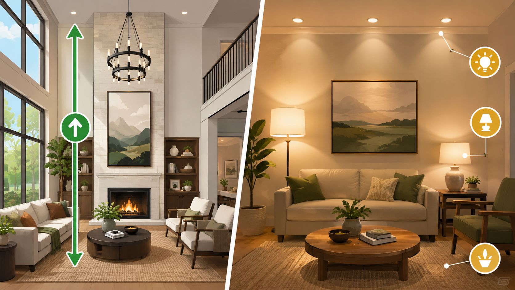 A split-view interior design comparison showing a high-ceiling living room versus a cozy, warm-lit living room.