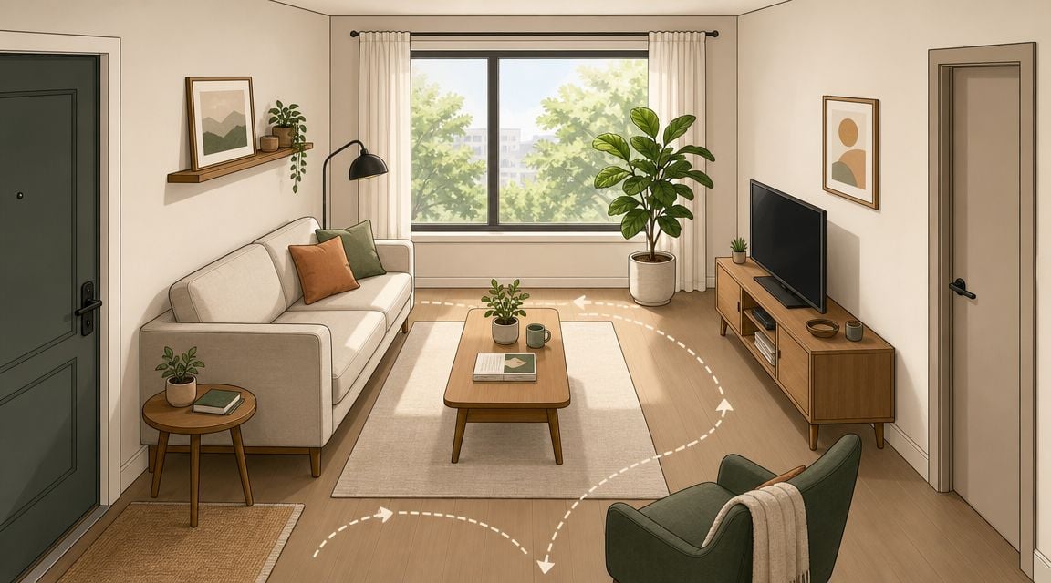 A cozy, well-lit living room featuring a sofa, coffee table, TV console, and stylish interior design elements.