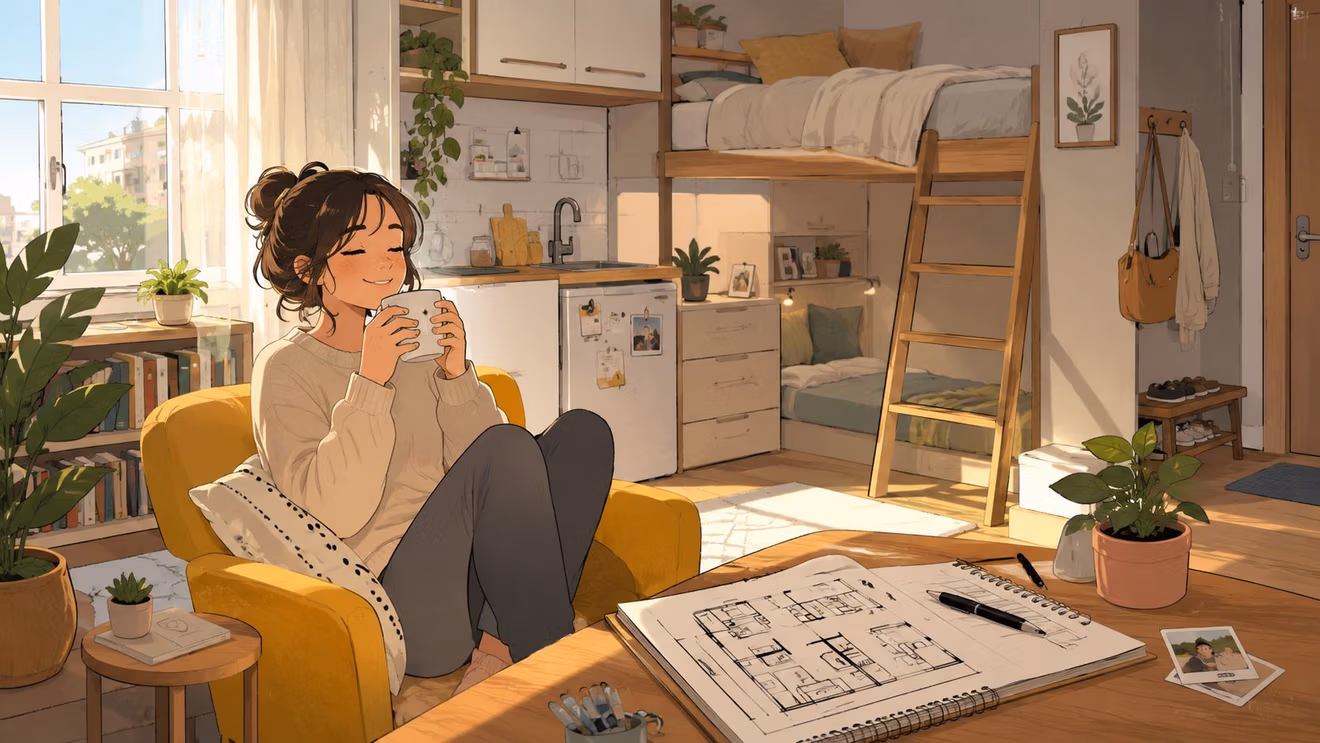 A young woman enjoying a warm drink in her cozy, sunlit apartment with modern furniture and decor.