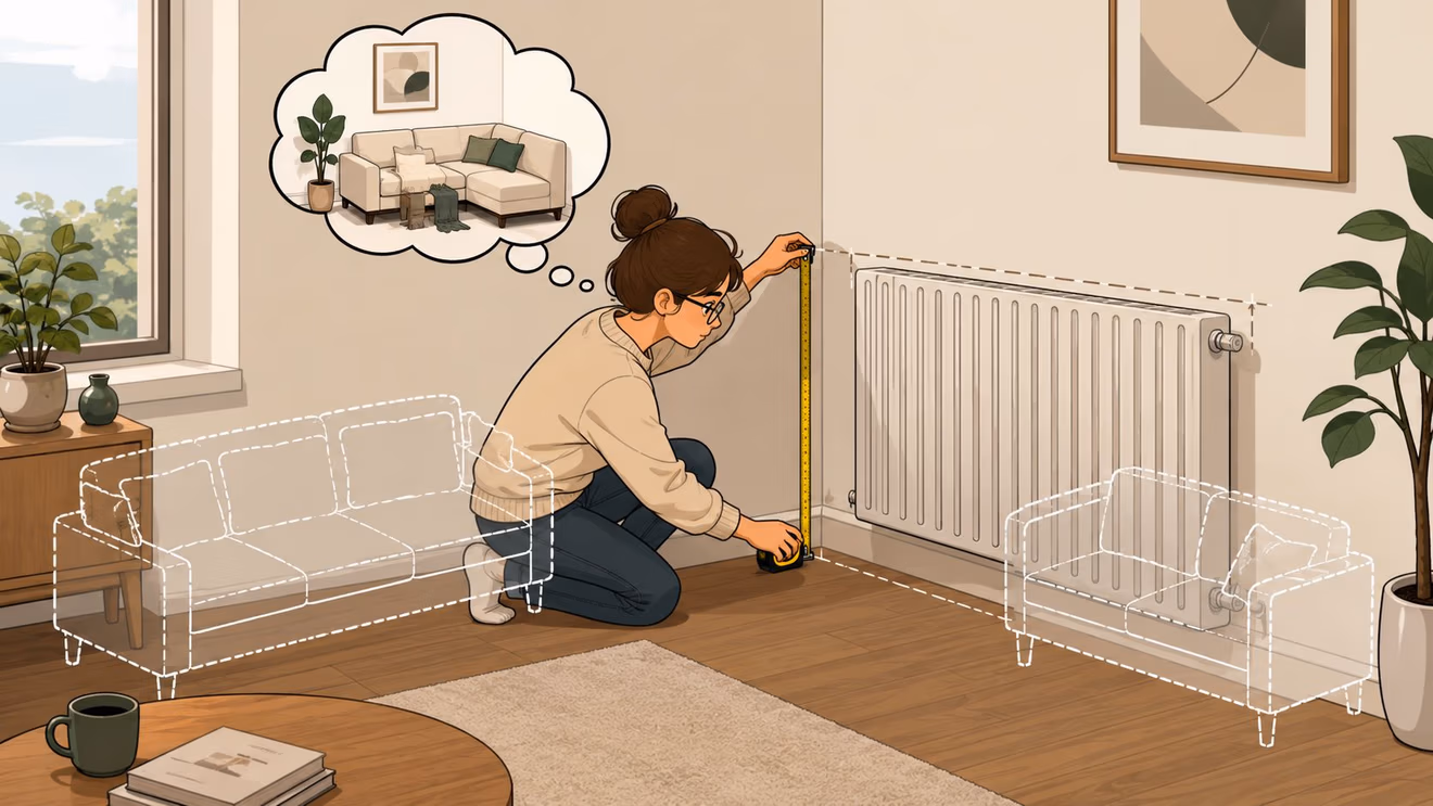 A woman measuring the wall height near a radiator to plan small space modern furniture placement.
