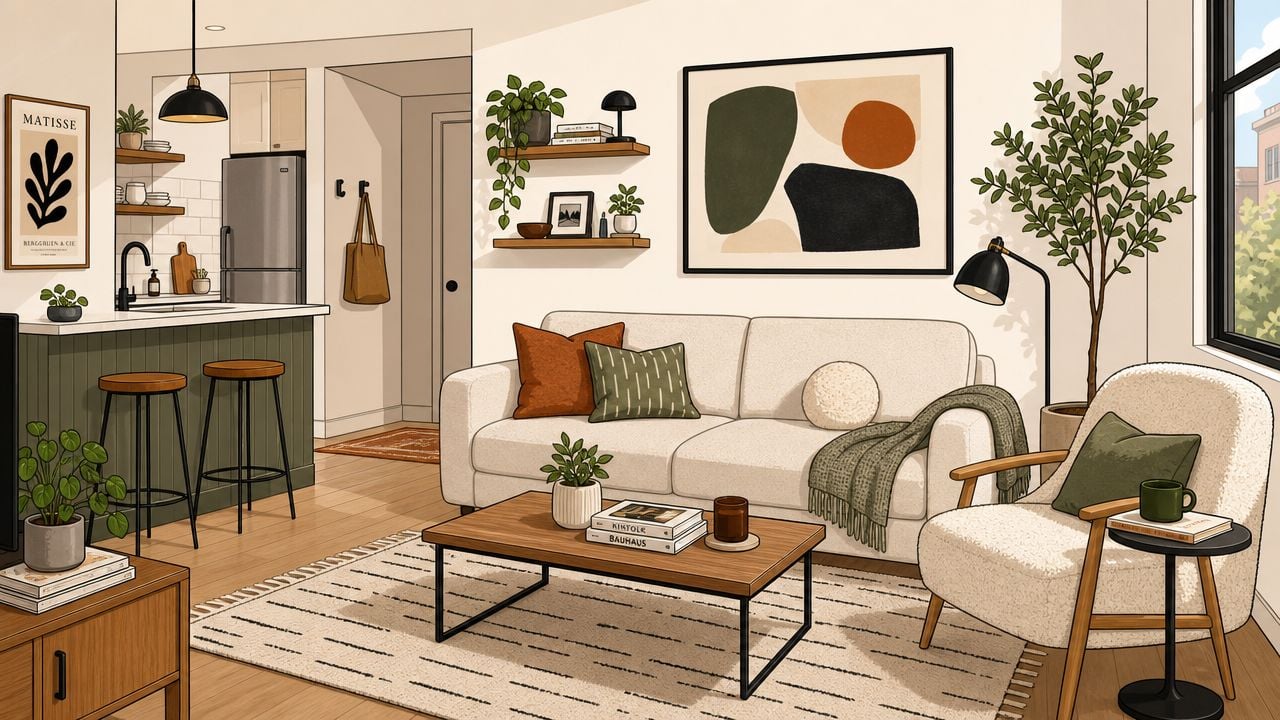A modern small living room with a cream sofa, cozy furniture, and green decor accents.