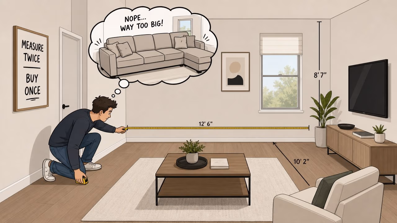 A man measuring a living room floor to determine if a large sofa will fit in the space.
