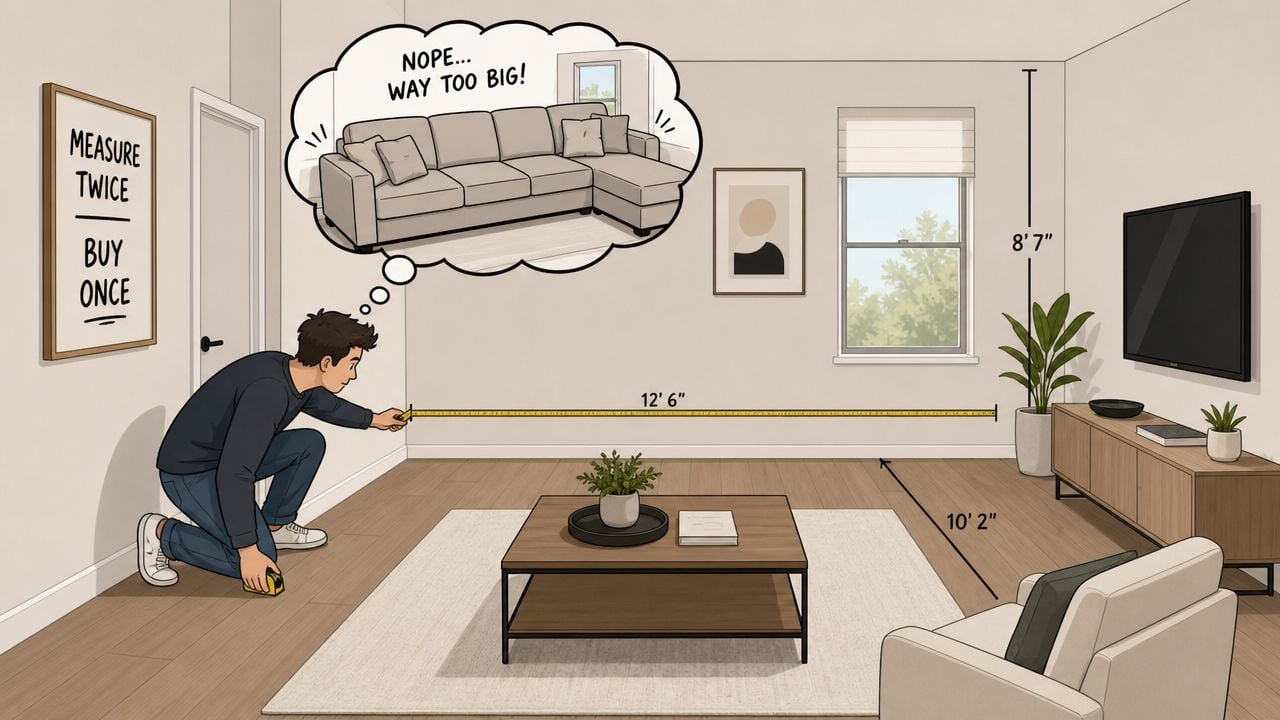 A man measuring a living room floor to determine if a large sofa will fit in the space.