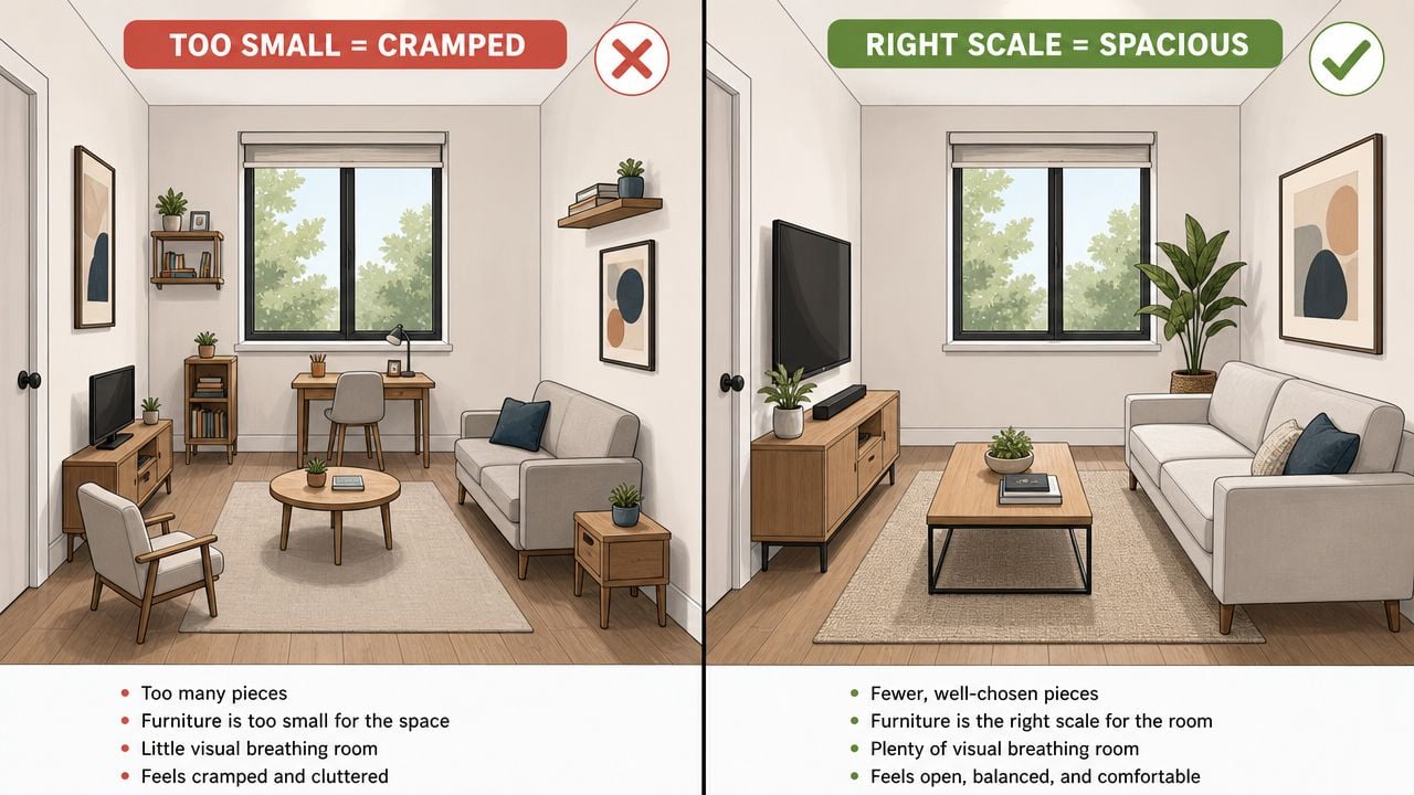 A side-by-side comparison showing how correct furniture scale makes a small living room feel more spacious.