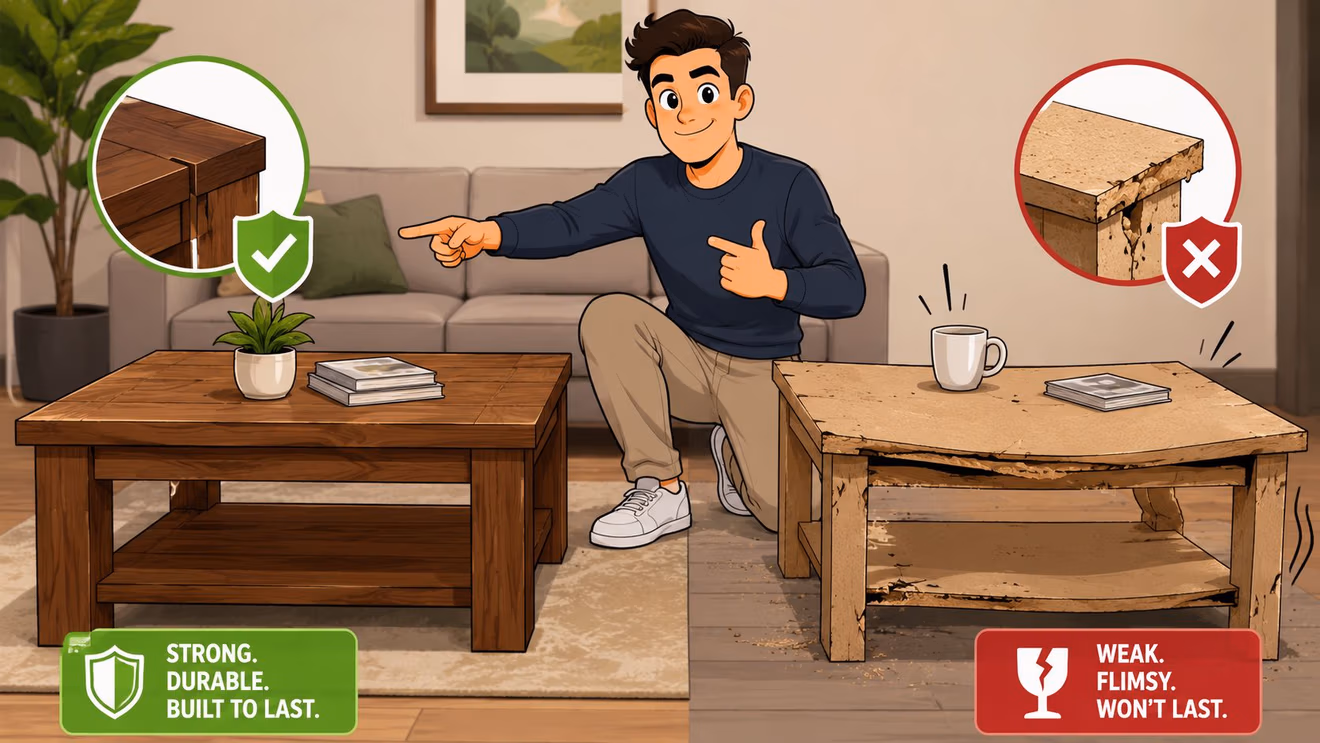 A man pointing at a sturdy wooden table compared to a damaged, flimsy table in a living room.