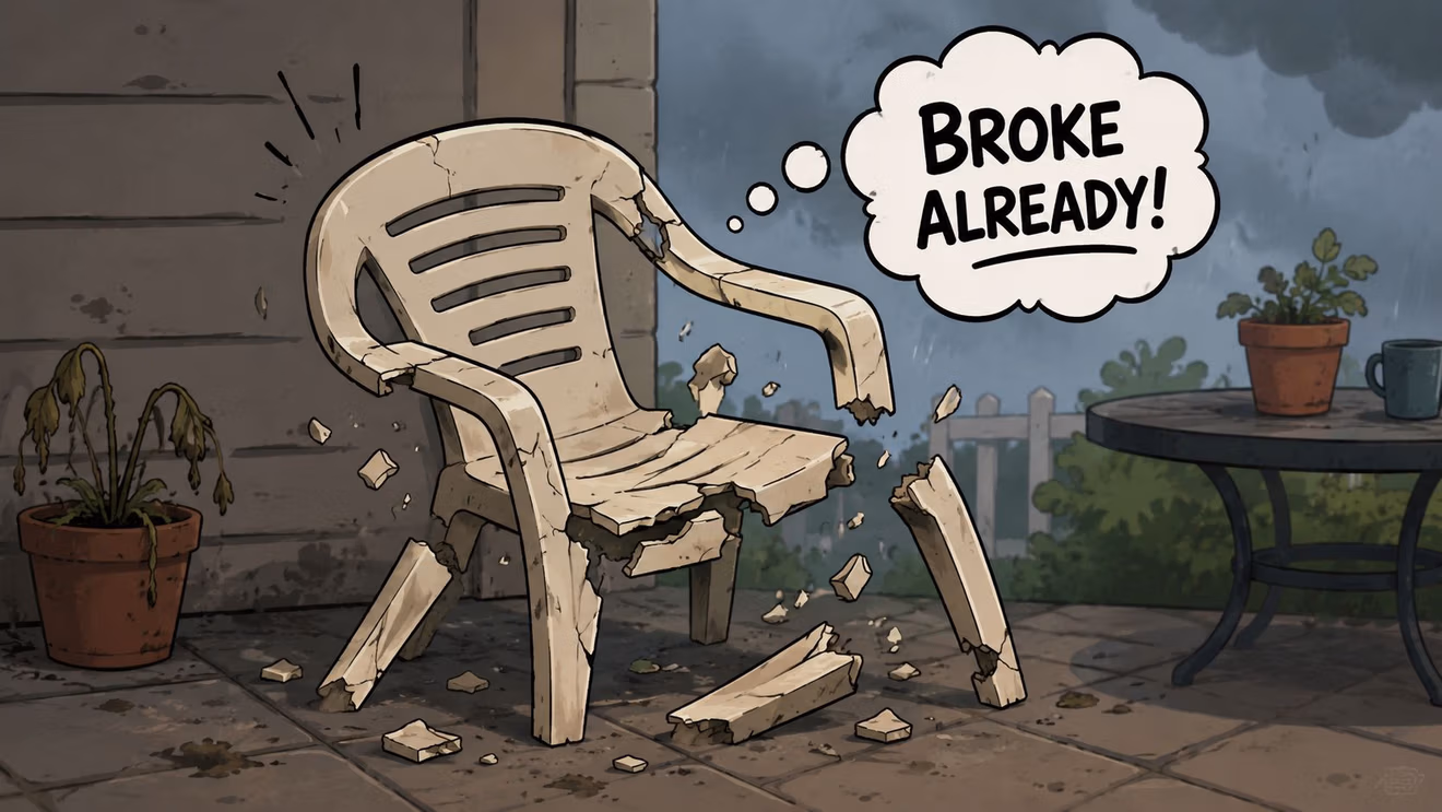 A broken plastic patio chair sits on a tile floor with a thought bubble saying Broke Already.