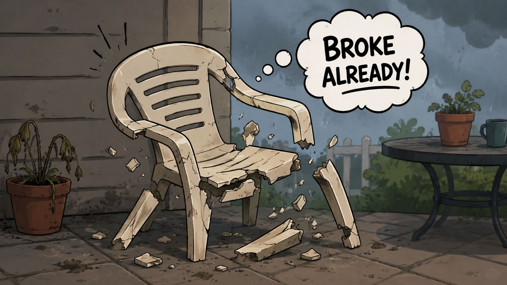 A broken plastic patio chair sits on a tile floor with a thought bubble saying Broke Already.