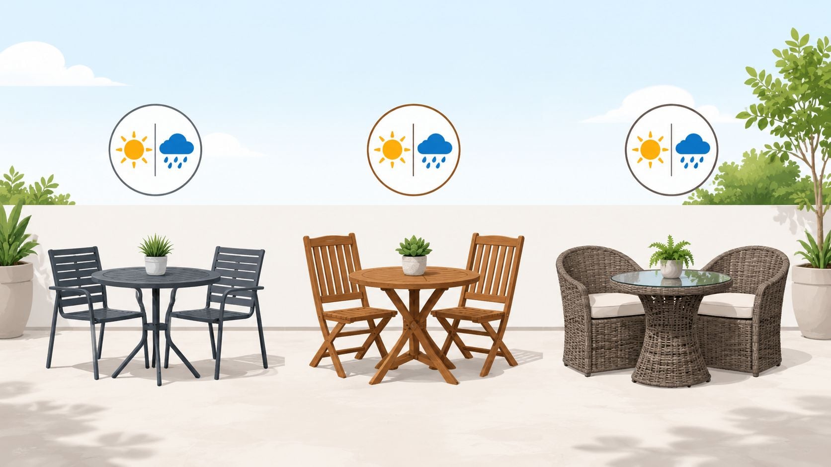 Three different small space patio furniture sets arranged on a light-colored outdoor terrace under a clear sky.