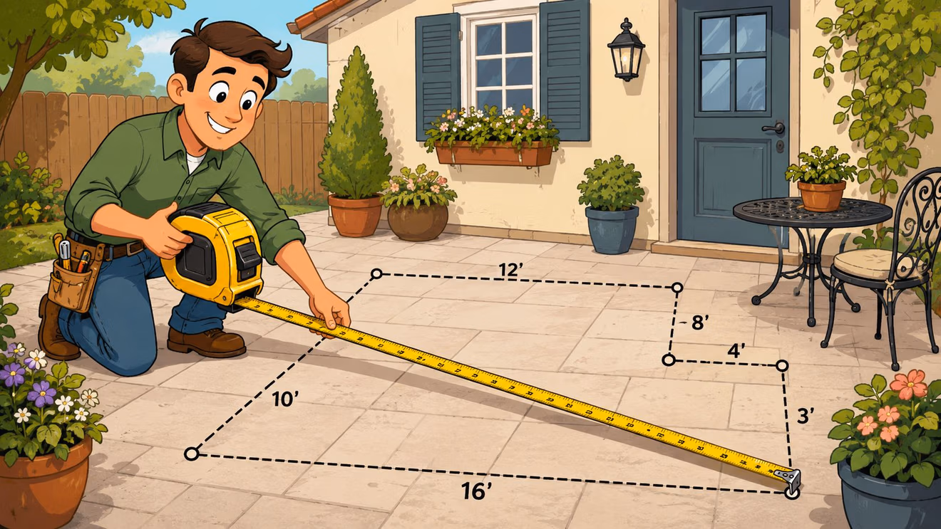 A man measuring a patio area with a tape measure to plan for small space patio furniture.
