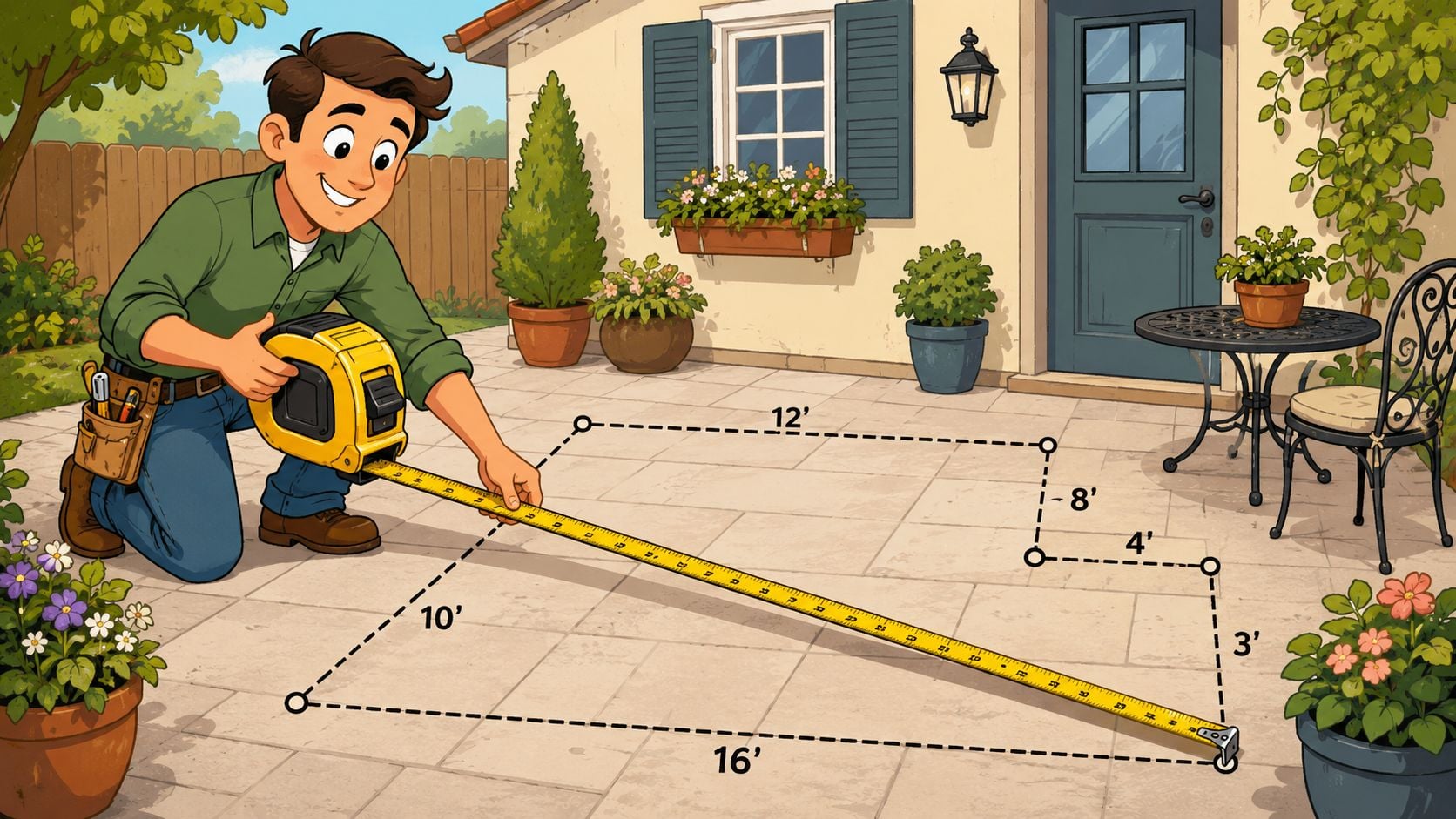 A man measuring a patio area with a tape measure to plan for small space patio furniture.