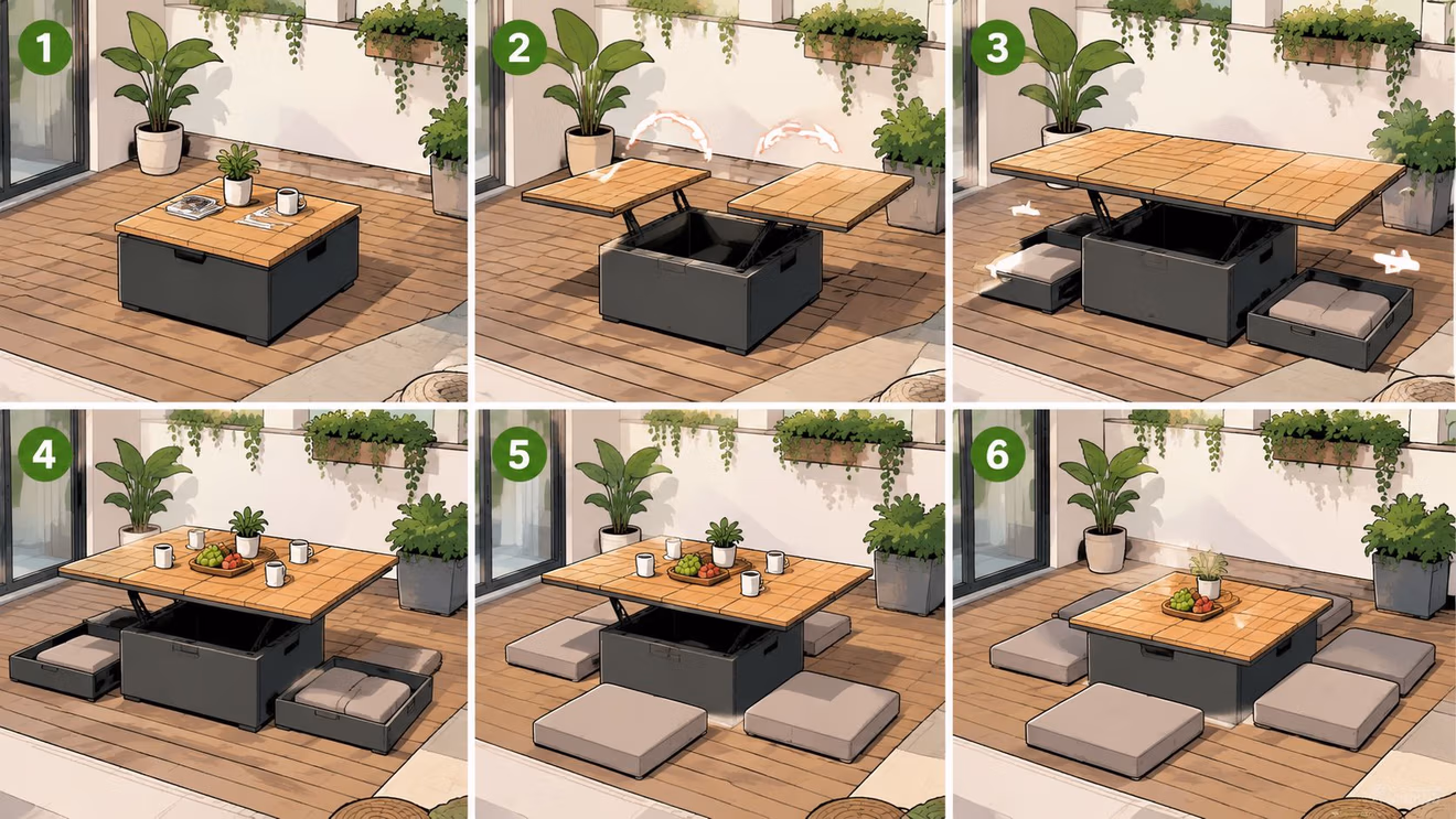 A six-panel diagram illustrating the transformation of a compact, modular patio coffee table into a dining set.