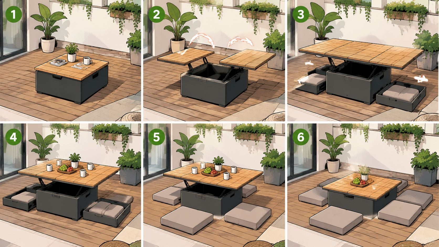 A six-panel diagram illustrating the transformation of a compact, modular patio coffee table into a dining set.