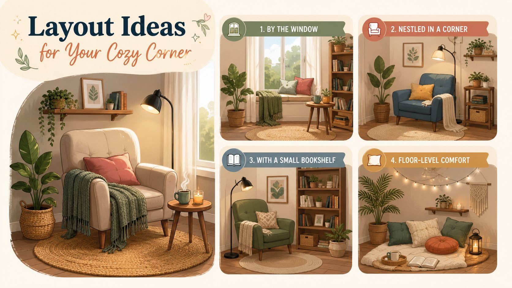A graphic display showing four different interior design layouts for creating a cozy reading corner at home.