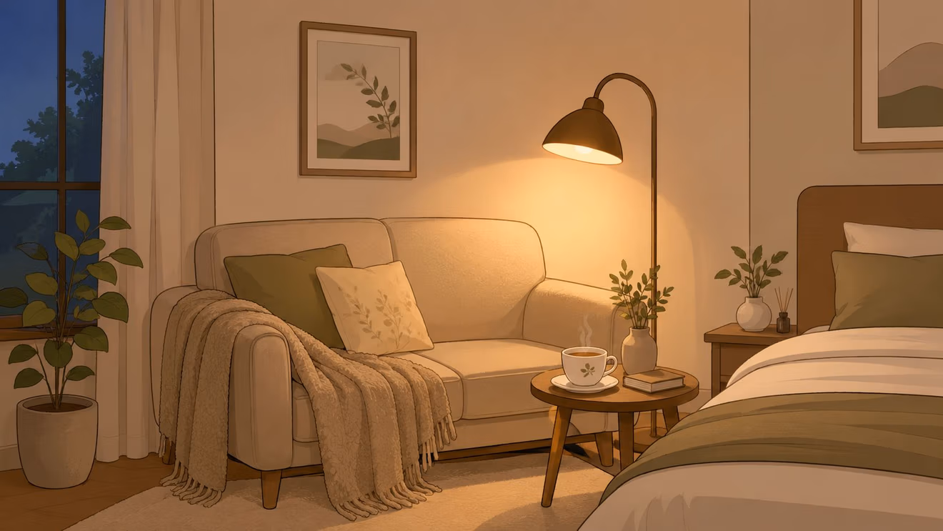 Cozy master bedroom featuring a cream-colored sofa with a throw blanket and warm glowing floor lamp.