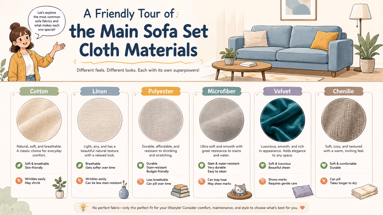 An infographic detailing common sofa upholstery fabrics including cotton, linen, polyester, microfiber, velvet, and chenille with pros and cons.