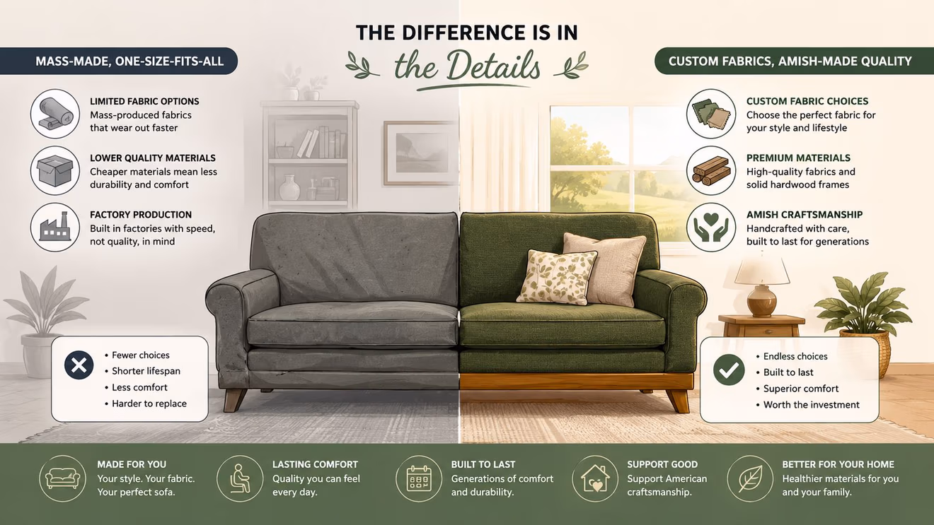 A split image comparing mass-produced furniture versus high-quality, handcrafted Amish-made custom fabric sofas for home interior.