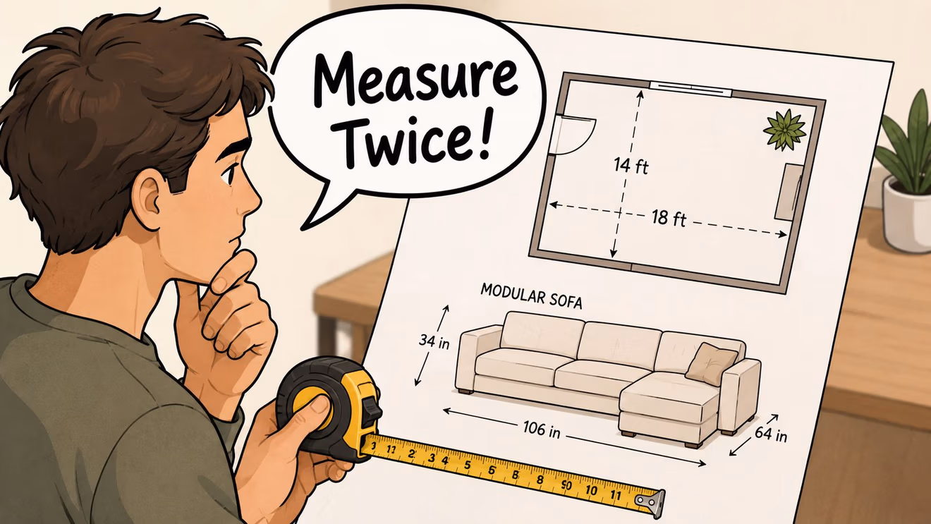 A man looks at a room floor plan and modular sofa dimensions while holding a tape measure.