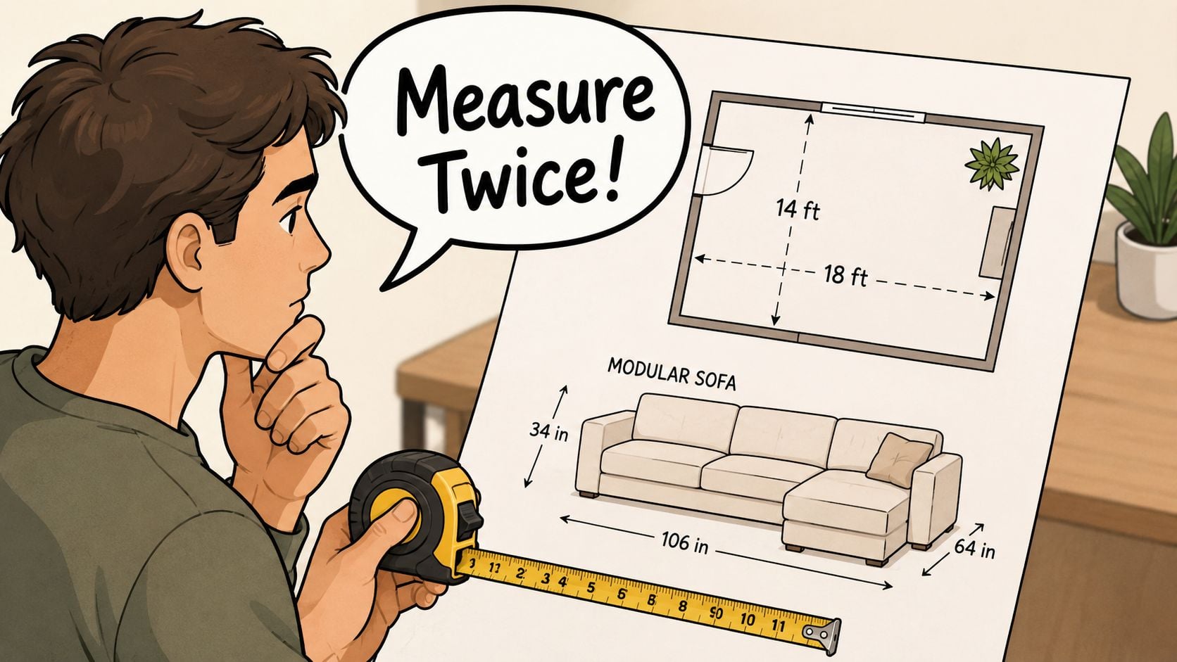 A man looks at a room floor plan and modular sofa dimensions while holding a tape measure.