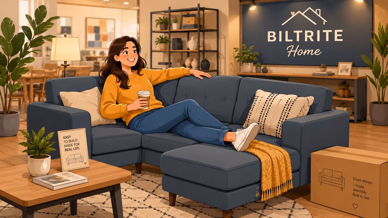 A happy woman relaxing on a comfortable navy blue modular sectional sofa in a modern furnished home.