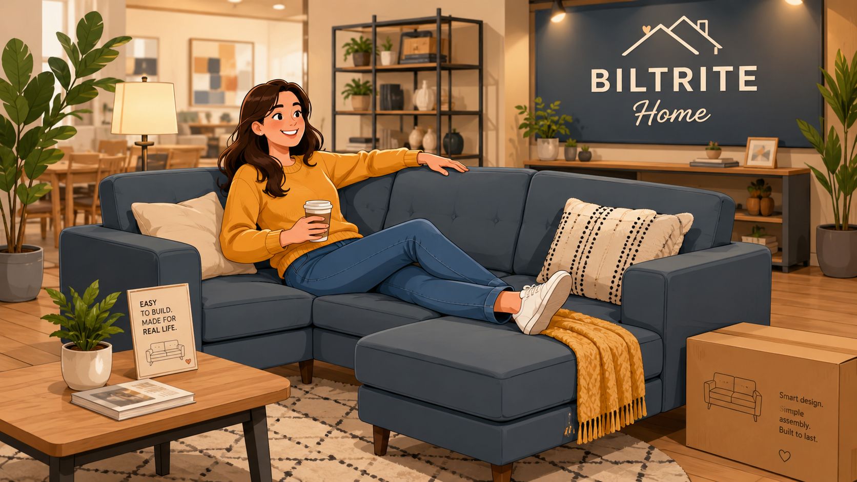 A happy woman relaxing on a comfortable navy blue modular sectional sofa in a modern furnished home.