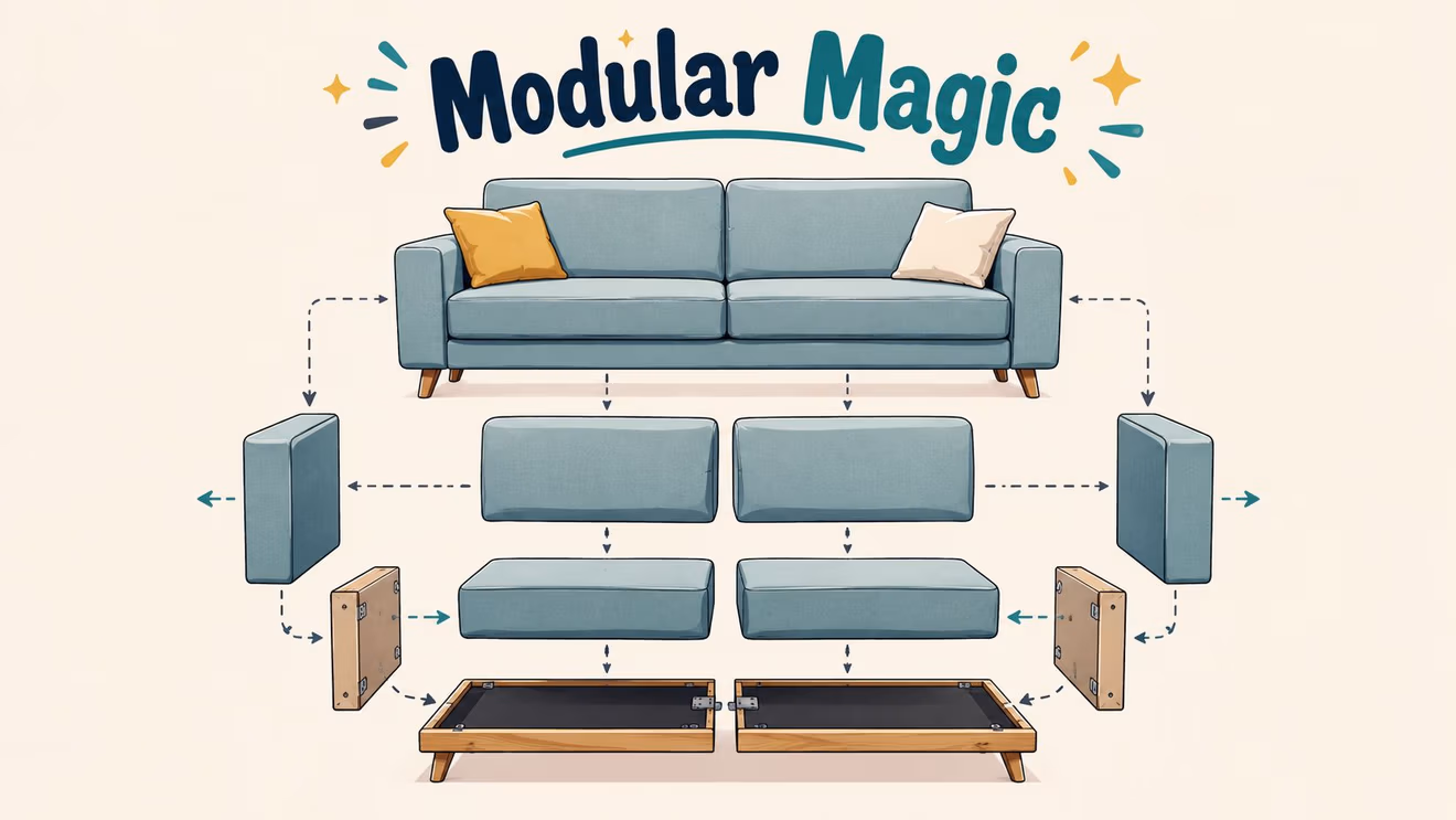 An exploded diagram showing the modular components and assembly structure of a modern grey sofa.