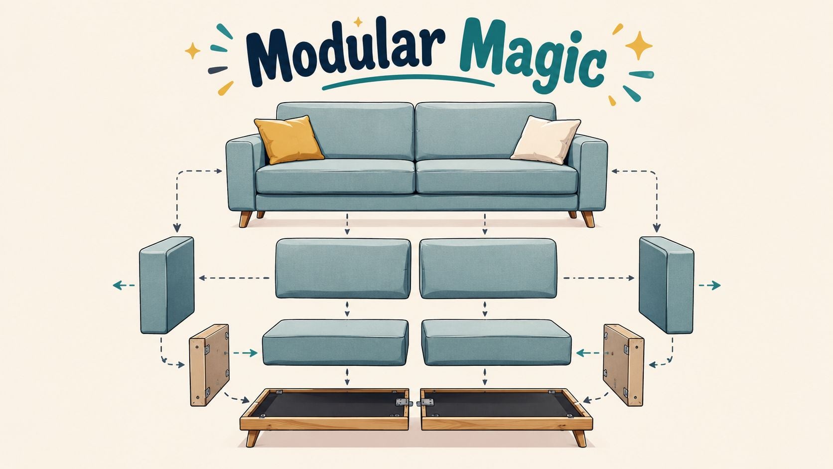 An exploded diagram showing the modular components and assembly structure of a modern grey sofa.