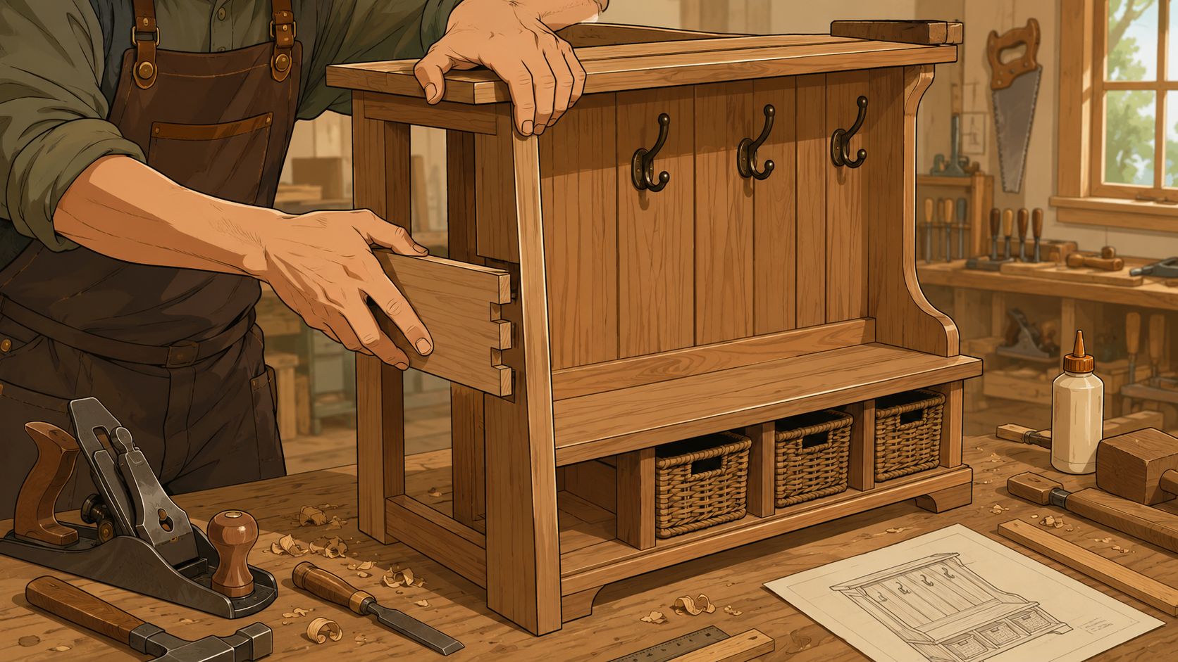 A skilled carpenter assembles a handcrafted solid wood entryway furniture piece with hooks and storage baskets.