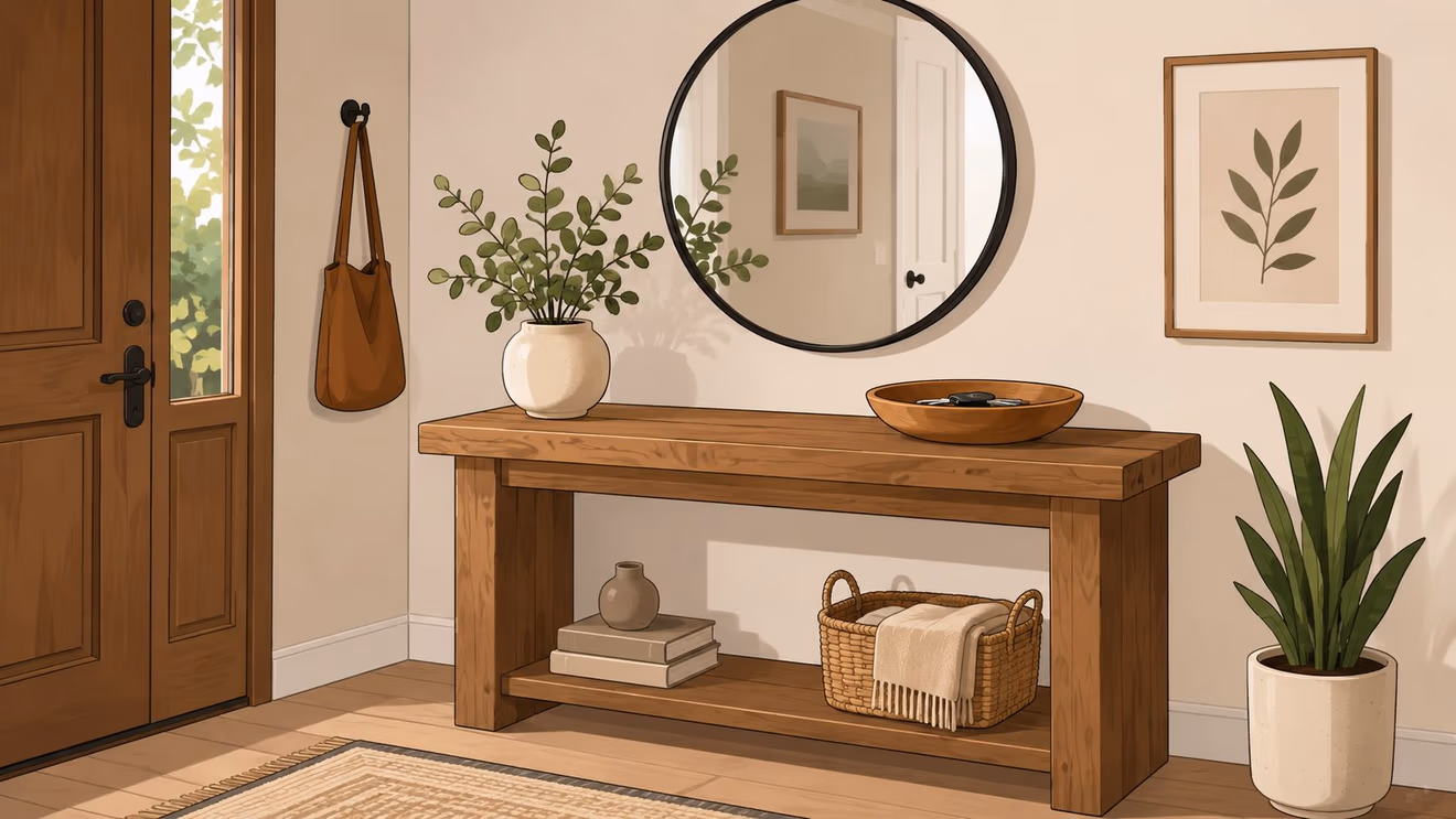 A stylish entryway featuring a rustic solid wood console table, a round mirror, and indoor potted plants.