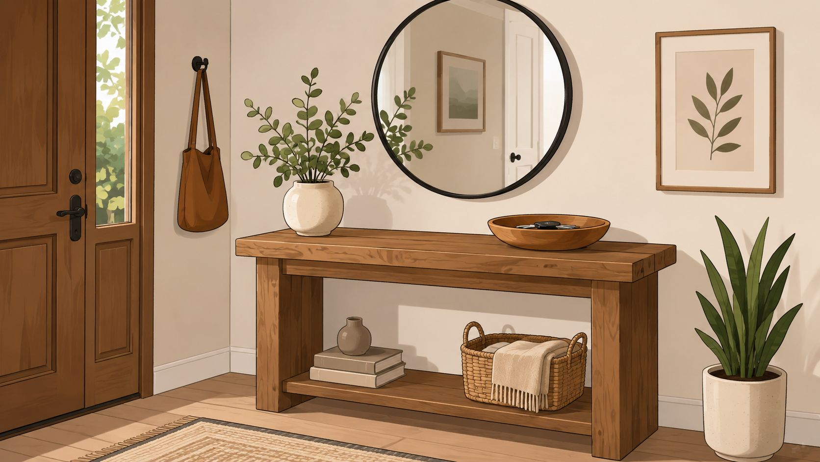 A stylish entryway featuring a rustic solid wood console table, a round mirror, and indoor potted plants.