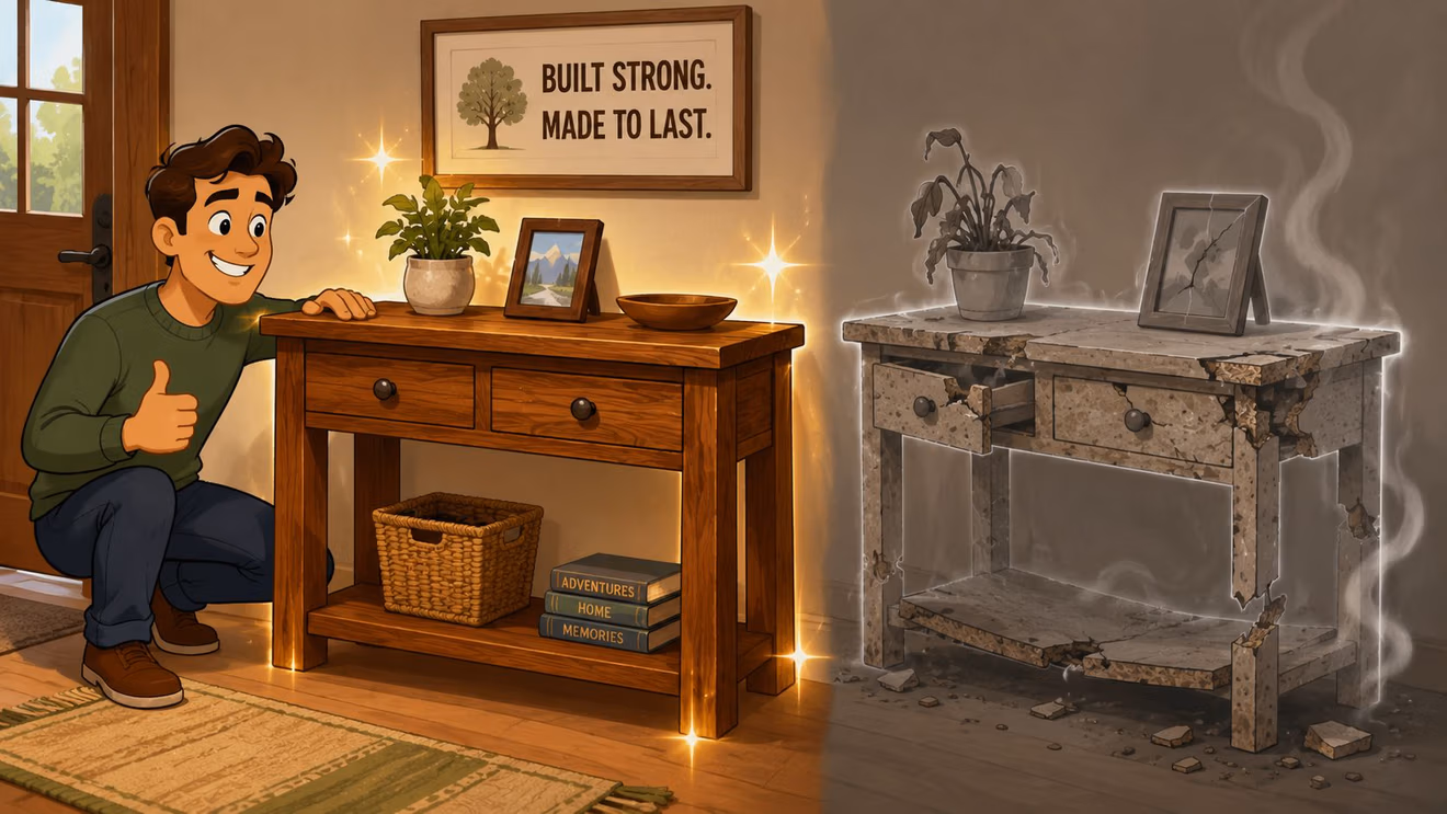 A man showing the difference between high-quality solid wood furniture and cheap, crumbling particle board material.