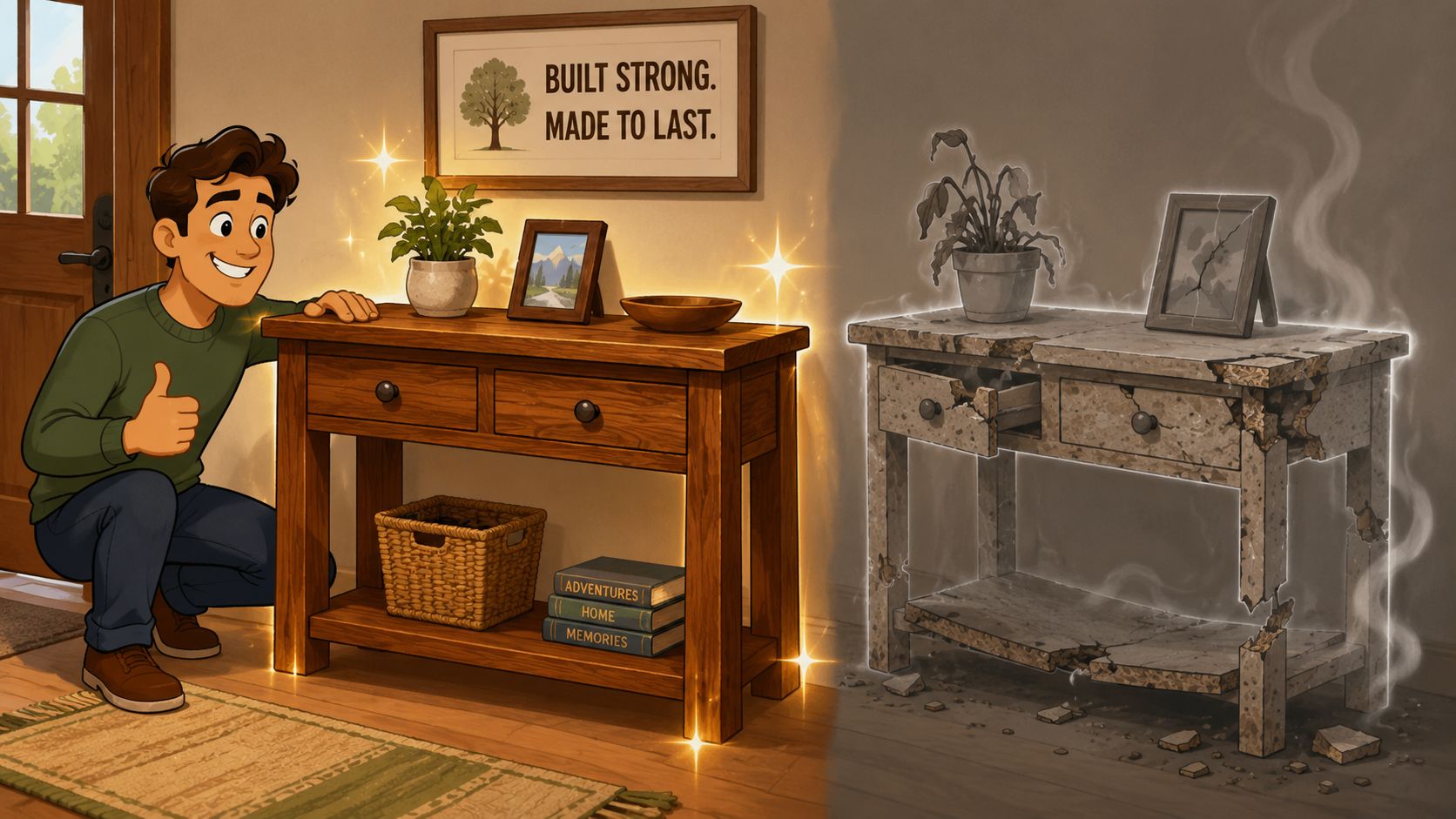 A man showing the difference between high-quality solid wood furniture and cheap, crumbling particle board material.