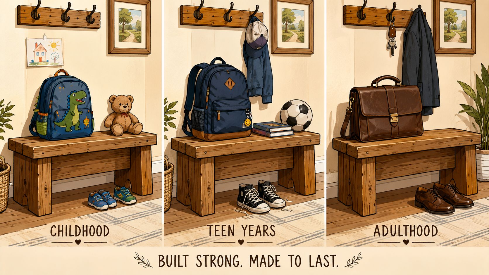 Three wooden benches illustrating life stages with childhood, teen, and adult bags and shoes on display.