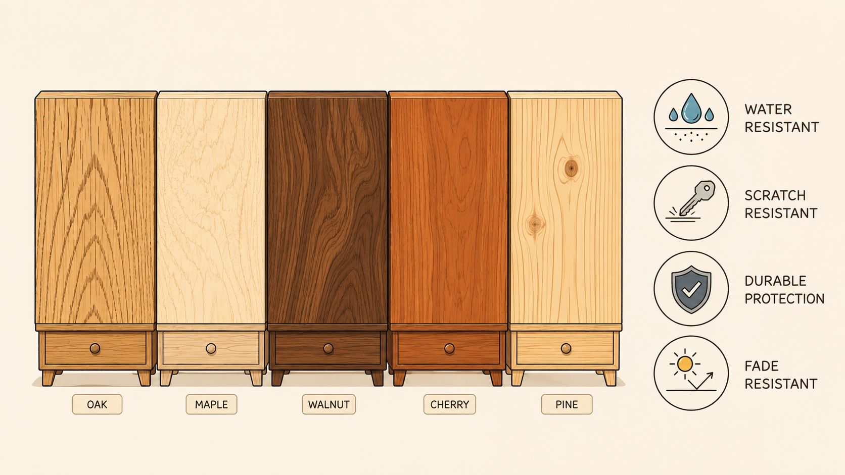 A product display showcasing five different types of solid wood entryway furniture featuring varied finishes and textures.
