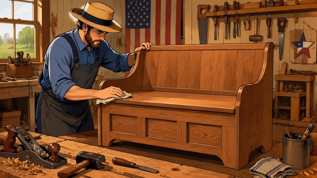 A craftsman in a straw hat finishes a custom solid wood entryway bench in his rustic workshop.